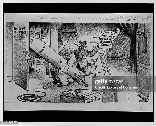 Cartoon about the Cuban Missile Crisis depicting Fidel Castro holding a certificate reading; "box office promise by U.S. Not to invade Cuba," as...