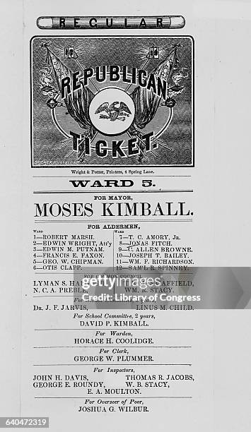 Political broadside lists the 1860 Democratic ticket for various offices in Boston's Fifth Ward, most notably Moses Kimball for the office of Mayor.