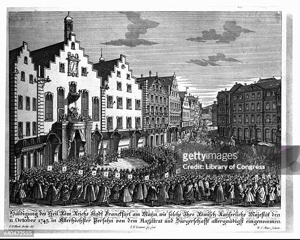 Paying Homage to Emperor Francis I in Romerberg Square Engraving by W.C. Mayr After a Drawing by Johann Georg Funck