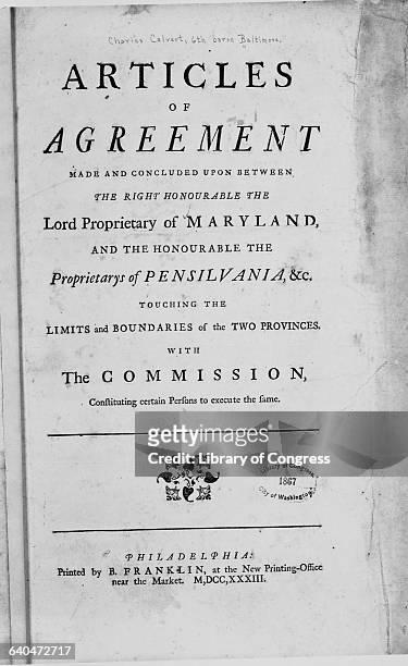 Title Page Woodcut by Benjamin Franklin of the "Articles of Agreement...Maryland and Pensilvania"