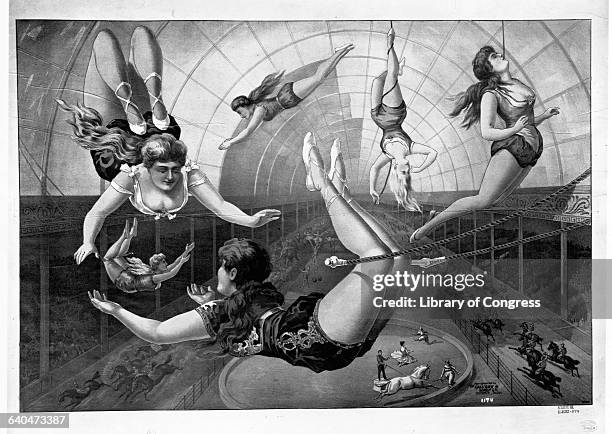 Circus lithograph portrays female acrobats performing on trapezes high above the ground while horse races and other acts can be seen far below.