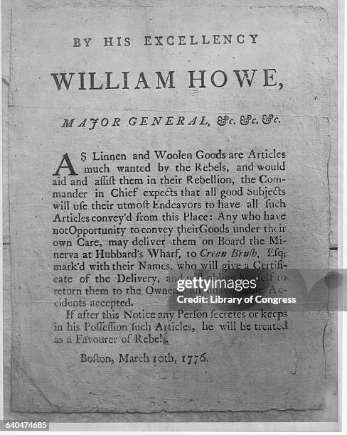Revolutionary War broadside from General William Howe directing that all linen and woolen goods be removed from the Boston area as these articles...