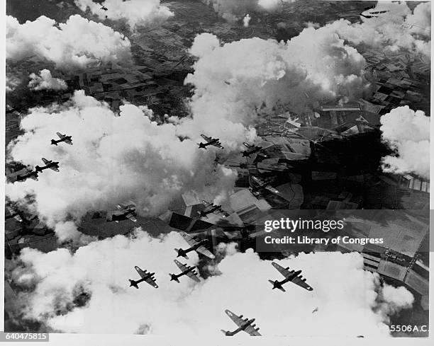 Group of B-17 Flying Fortress bombers on their way to Stuttgart, Germany. September 6, 1943. | Location: near Stuttgart, Germany.