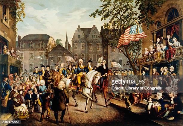 Depiction of George Washington riding into New York on November 25, 1783 to the cheers of a large crowd.