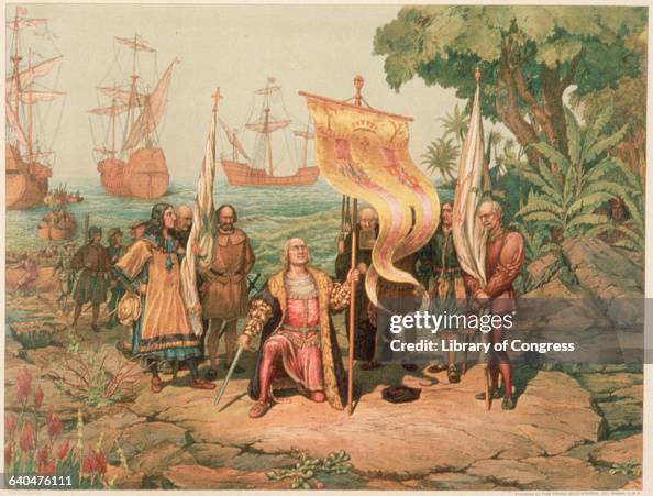 Columbus taking Possession of the New Country Color Lithograph