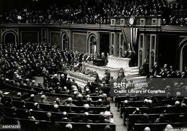 President Woodrow Wilson delivers his State of the Union address to a joint session of Congress on December 2, 1918.