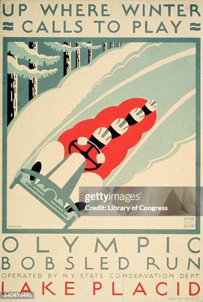 Poster by Jack Rivolta, produced under the Work Projects Administration , advertises use of the Olympic bobsled run at Lake Placid, New York. The run...