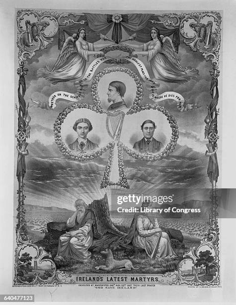 Lithograph commemorating 'Ireland's Latest Martyrs" depicts Allen, O'Brien, and Larkin in the leaves of a shamrock emblem.