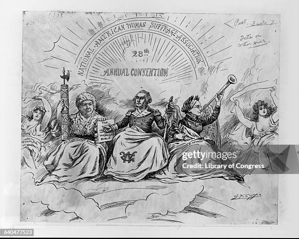 Drawing depicts George Washington, Susan B. Anthony, and Elizabeth Cady Stanton floating in the clouds together for the National American Woman...