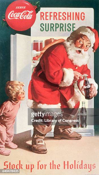 An advertising poster by Haddon Sundblom shows a young boy surprising Santa Claus.