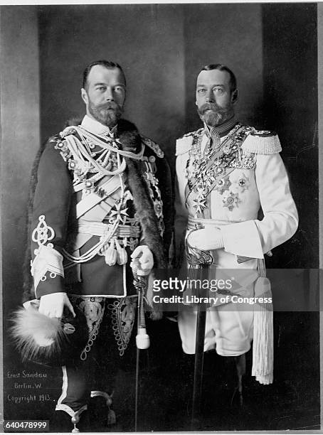 Portrait of George V of Great Britain and Nicholas II of Russia. The two were cousins, and looked a great deal similar. Berlin, 1913.