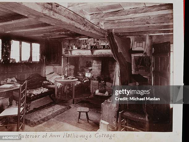 An interior view of the cottage where Anne Hathaway, William Shakespeare's wife, was born. Some of the original 16th Century furniture still remains...
