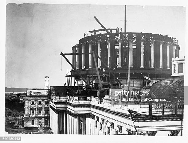 The dome of the U. S. Capitol as it appeared under construction in 1865.