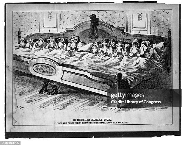 Cartoon of twelve women, meant to be the widows of Brigham Young, sitting in the same large bed and crying. Young's boots and hat stand by the bed....