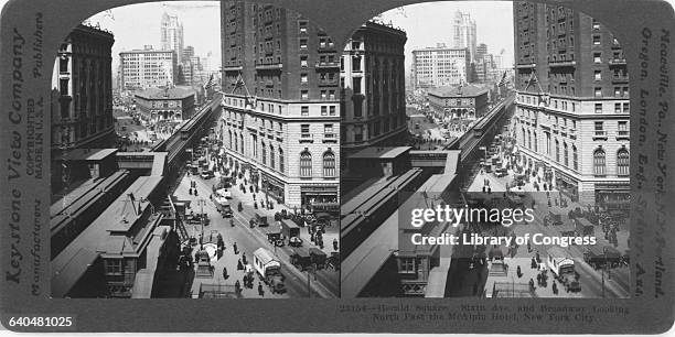 An overview of Herald Square looking past up Broadway past the McAlpin Hotel. Ca. 1920, New York City.