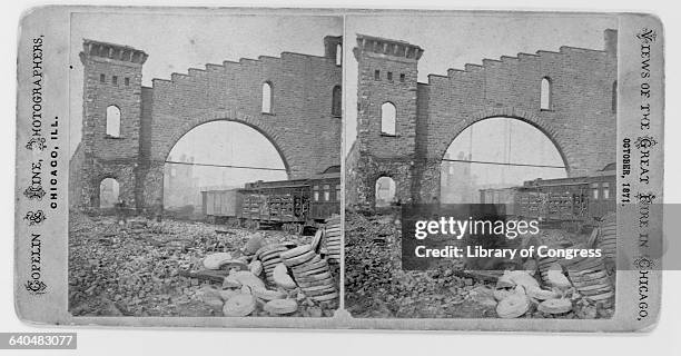 Rubble fills the railroad yard at Union Depot, after the Great Chicago Fire of 1871. | Location: Union Depot, Chicago, Illinois, USA.