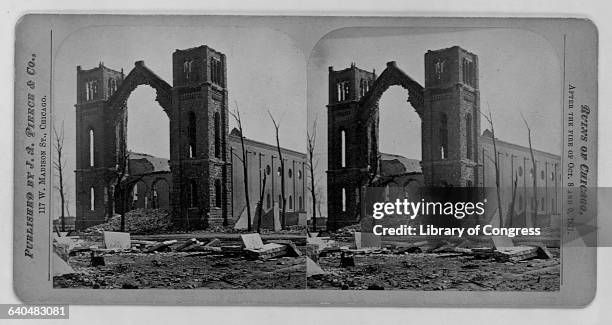 Damaged walls are all that is left standing at Trinity Church, after the Great Chicago Fire of 1871.