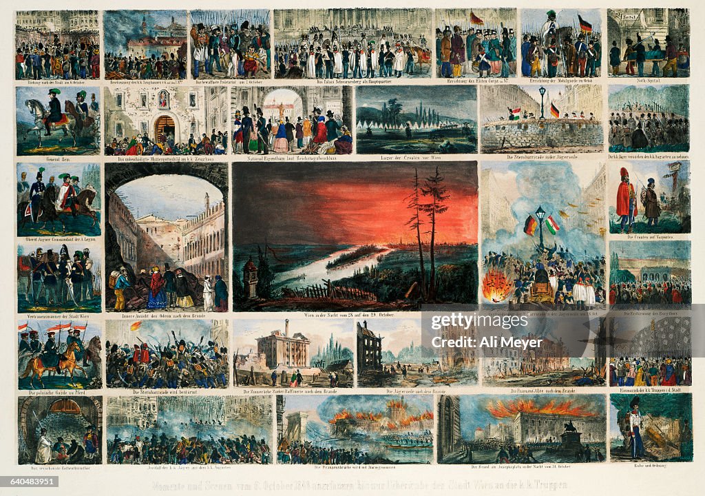 European Lithograph with Scenes from Viennese Revolution of 1848