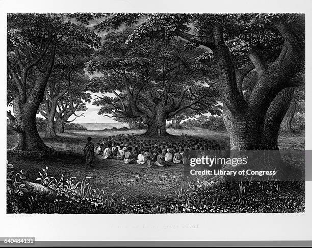Missionary preaches in a grove of "kukui" trees, in an engraving appearing in Wilkes' Narrative of the United States Exploring Expediton.