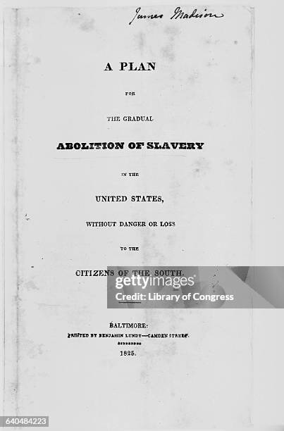 This title page of a pamphlet from former United States President James Madison proposes the gradual abolition of slavery without endangering the...