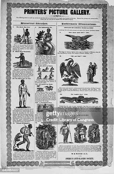 Broadside, printed by the Printers' Picture Gallery in 1838, entitled, Memorial for the Anti-Slavery Society, depicts 9 sketches of African Americans...