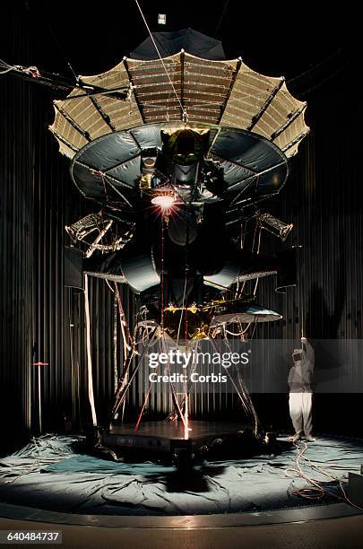 The Galileo Jupiter probe undergoes "solar mapping," its final test before launch. The craft sits inside the Solar Thermal Vacuum chamber, and is...