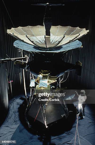 The Galileo Jupiter probe undergoes "solar mapping," its final test before launch. The craft sits inside the Solar Thermal Vacuum chamber, and is...