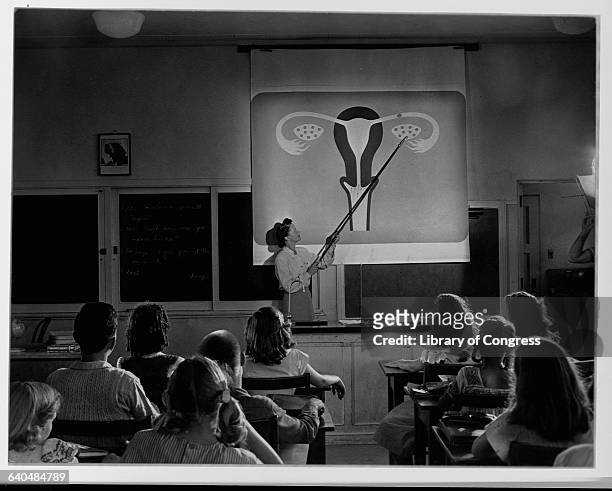 Teacher points to a diagram of female reproductive organs projected on a screen in a classroom in a scene from Human Growth, an education film on sex...