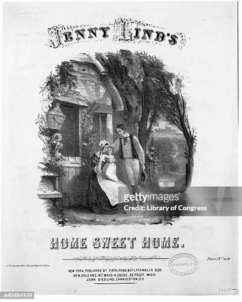Loving family at their home decorates the cover of sheet music for "Home Sweet Home," as sung by Jenny Lind, the "Swedish Nightingale." Lind toured...