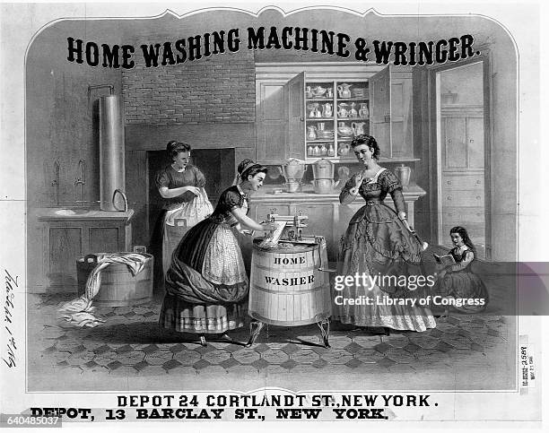 Lithograph of women using a wringer on a tub to wash clothes.