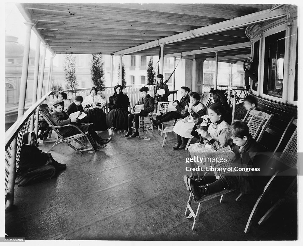 Sick Children Knitting and Weaving on Boat