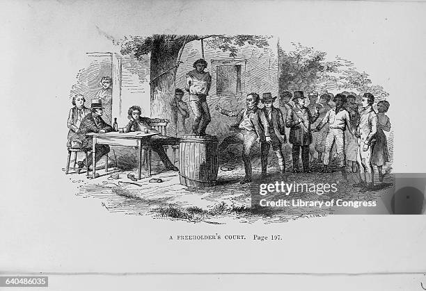 An engraving in Memoirs of a Fugitive entitled, A Freeholder's Court depicts an African American slave standing on a barrel with a noose tied around...