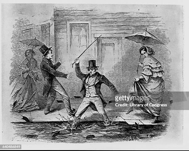 An engraving depicts frustrated pedestrians as they traipse through streets turned to rat infested sloughs on a rainy night in San Francisco,...
