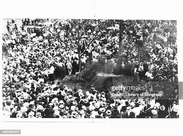 Huge crowd surrounds the the burning body of an African American man tied to a tree trunk, with black smoke rising from his body.