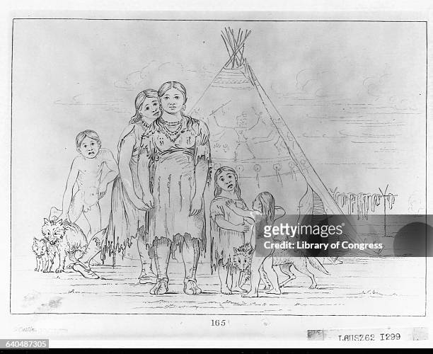 An engraving depicts a Comanche family and their dogs outside their tepee.