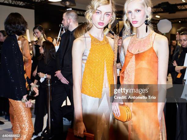 Models poses Backstage prior the Giorgio Prive Armani Spring Summer 2017 show as part of Paris Fashion Week on January 24, 2017 in Paris, France.