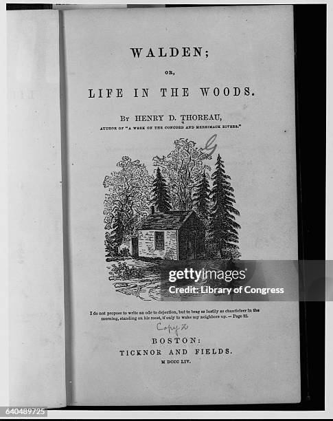The title page from the first edition of Henry David Thoreau's Walden: or, Life in the Woods. Thoreau wrote of his experiences and thoughts during a...