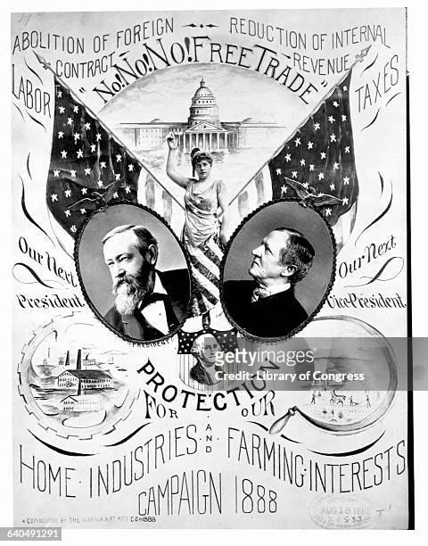 An 1888 campaign poster for Benjamin Harrison and Levi Morton addresses their platform of tax reduction and the protection of American labor and...
