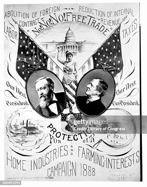 An 1888 campaign poster for Benjamin Harrison and Levi Morton addresses their platform of tax reduction and the protection of American labor and...