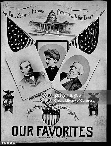 Presidential campaign poster from 1888 features President Grover Cleveland, his wife Frances Folsom, and vice presidential candidate Allen G....