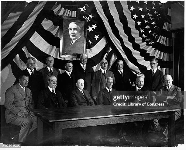 President Calvin Coolidge with other members of Warren Harding's Cabinet, including James J Davis, Secretary of Labor, and Harry M. Daugherty,...