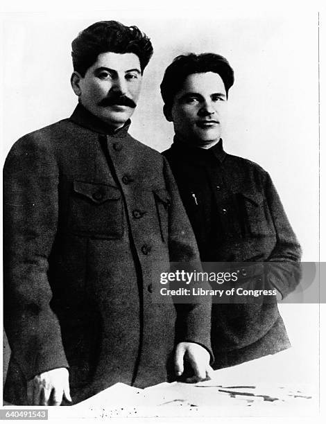 Sergey Kirov , Bolshevik party leader, stands with Joseph Stalin , Soviet premier. Kirov's assasination is said to have triggered the purges of th...