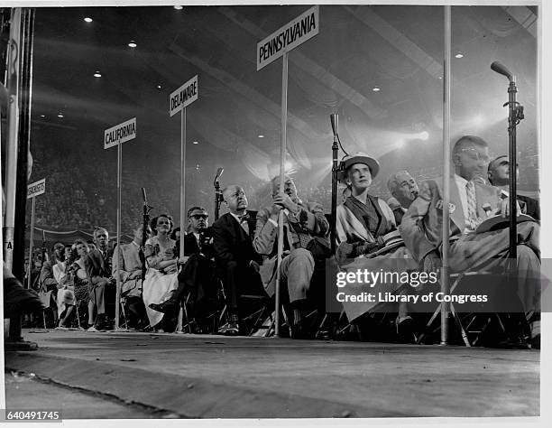 Delegates listen to former president Herbert Hoover at the Republican National Convention, Chicago, July 8, 1952.