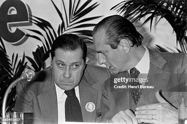 Charles Pasqua and Jacques Chirac at a RPR meeting. Chirac is the RPR President.