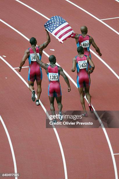 9th World Athletics Championships. Men's 4 x 100m Final. Gold medallists, Joshua Johnson, Darvis Patton, Bernard Williams and John Capel during their...