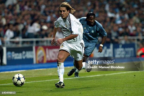 Soccer, Champions League - Season 2003-2004, group F, Real Madrid vs Marseille. Michel Salgado Didier Drogba . Football, Ligue des Champions, groupe...