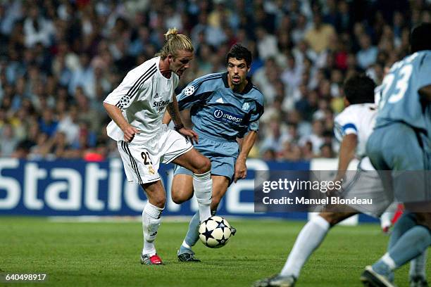 Soccer, Champions League - Season 2003-2004, group F, Real Madrid vs Marseille. David Beckham and Fabio Celestini . Football, Ligue des Champions,...