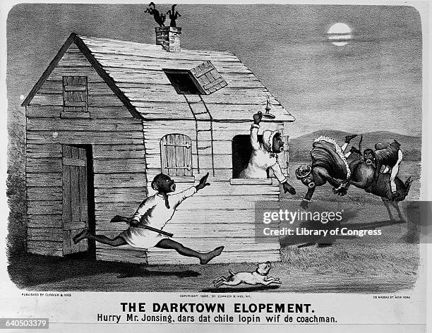 The Darktown Elopement, Hurry Mr. Jonsing, Dars Dat Chile Lopin Wif de Coachman" by Currier & Ives