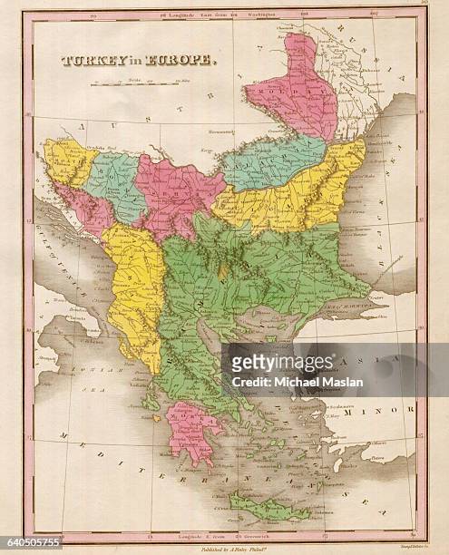 An 1826 map of the western Ottoman Empire shows settlements, district boundaries, roads, and topographical features. Shown are Croatia, Bosnia,...