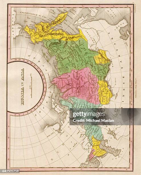 An 1826 map of the eastern portion of the Russian Empire shows district boundaries and topographical features. Shown are Siberia the Kamchatka...